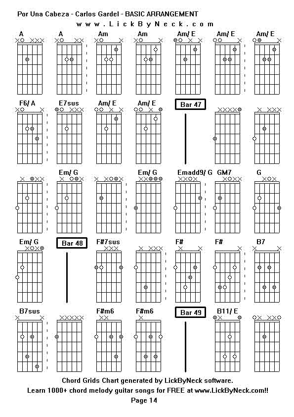 Chord Grids Chart of chord melody fingerstyle guitar song-Por Una Cabeza - Carlos Gardel - BASIC ARRANGEMENT,generated by LickByNeck software.